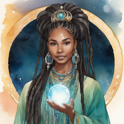 Sibylline as a young woman with long dark dreadlocks pinned into a tribal bun heavy make-up and tribal jewelry wearing a cosmic royal majestic robe Glowing orb surrounded by luminous ethereal entities, in a landscape where the flow of time is visually represented.