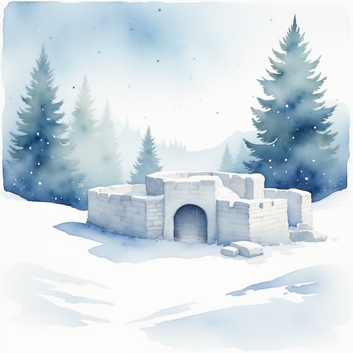 A half-finished snow fort with carefully stacked snow bricks. In the background, frosty pine trees stand silent and dusted with snow