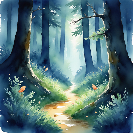 The glowing gemstone lights the secret path leading to a hidden part of the forest. In the background, mystical shadows play across the forest floor.