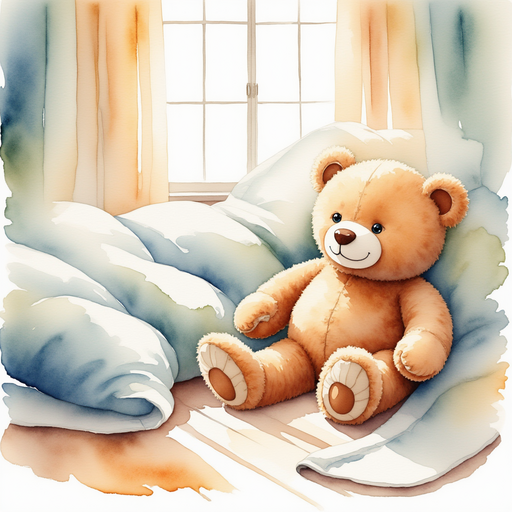 A cozy teddy bear lies next to wrinkled blankets on the floor. In the background: Soft morning light beams on the floor.