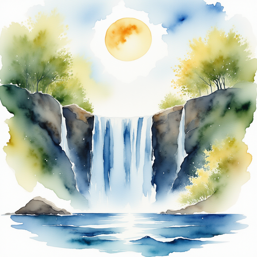 A gravity-defying waterfall flowing upwards, sparkling under the sun. a bright and clear open sky