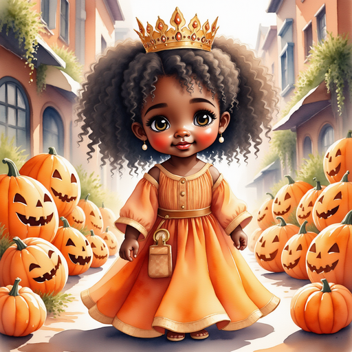 Queen Neena stands in front of smiling jack-o-lanterns. In the background, there are cobblestone streets lined with more pumpkins.