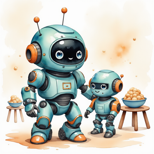 Allie standing by Blinky Sparx, both robots looking concerned In the background, stools lined with bowls of cookie dough