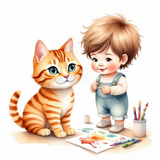 Show Trevor with a crayon in hand, concentrating intensely as he draws a picture of Tabby. In the background, a table with colorful paper and art supplies.