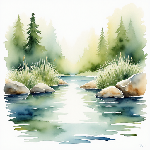 A shimmering forest pond with gentle ripples and tall reeds. In the background, rocky stones shape the pond's rim.
