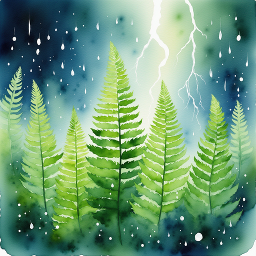 Raindrops splash on a cluster of bright green ferns. In the background, lightning flickers.