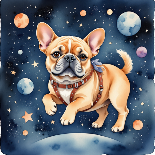 A caramel french bulldog navigating through constellations.