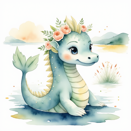 Nessie Sparkles swishes her tail near the water’s edge. In the background, rolling hills peek through the fog.