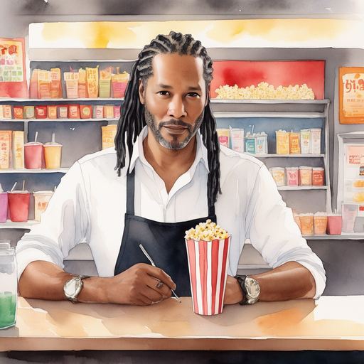 Tobias wearing dreadlock ponytail scheming sly grin wearing white shirt black pants movie theater usher uniform behind concession stand popcorn and drinks on counter strange aura surrounding