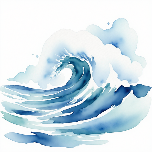 Show a wave crest with foam swirling. In the background float small puffy clouds.