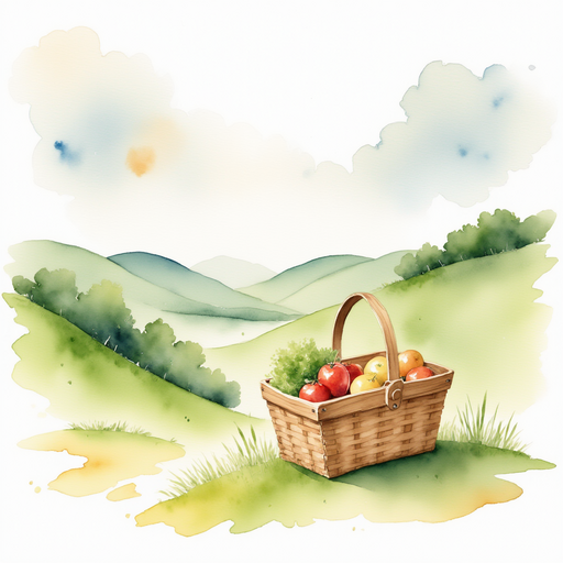 Show the picnic basket alone, with the lunch items slightly visible inside. In the background, low rolling hills curve under fluffy clouds.