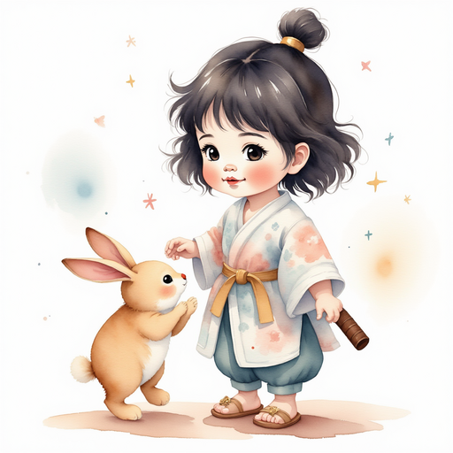 Sammy gently patting the bunny’s soft ears In the background, water glistens in the sunlight