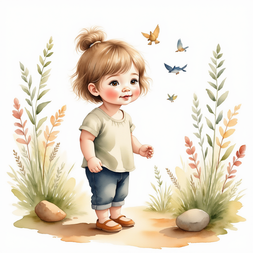 Illustrate Michelle listening intently as the wind sings, surrounded by whispering trees and speaking stones. In the background, gently swaying flowers add a touch of enchantment.