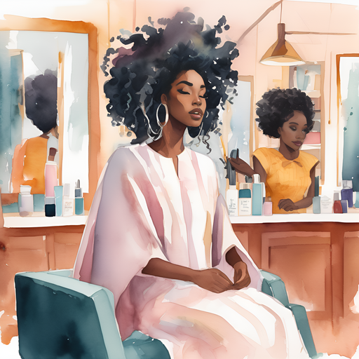 African american woman with short dreadlocks in shock inside of a beauty salon wearing client cape sitting in a beauty salon chair