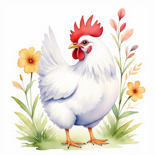 Show Cluckster staring at a big leaf. In the background stand bright flowers.