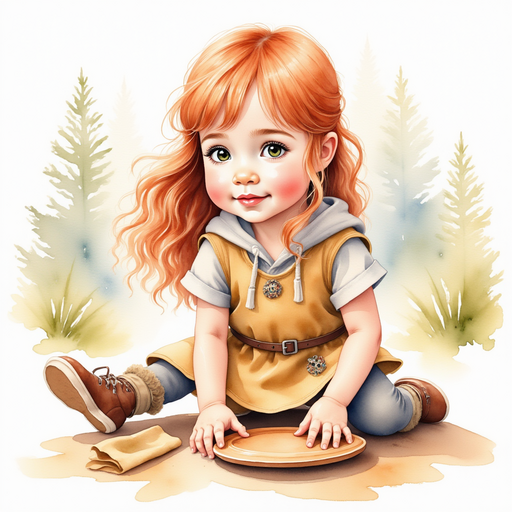 Bolda the Bright kneeling to pick up the wooden plate with a determined look on her face In the background, the other Vikings gather their cleaning rags.