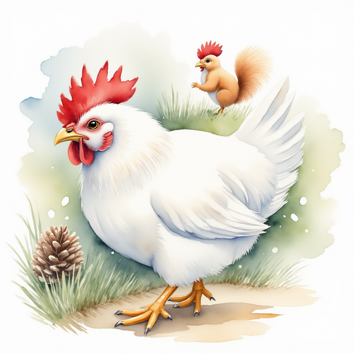 Cluckster strides alongside a frosty pinecone, beak open in a musical cluck In the background, a squirrel peeks around the trunk of an ancient oak