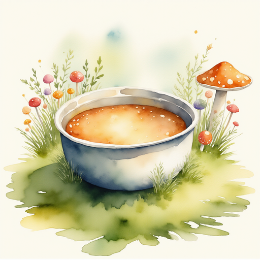 A big mixing bowl sits on the grass, waiting for pie ingredients. In the background is a small patch of colorful mushrooms.