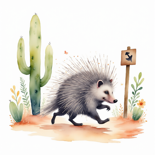 The porcupine hurrying towards a sign with an arrow. In the background, small cactus plants