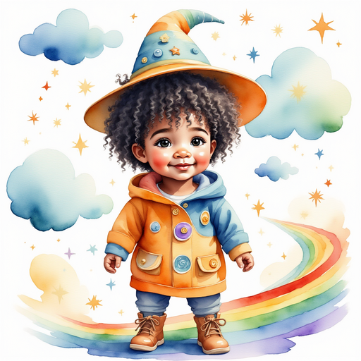 Zippy Zapata with a tall wizard hat, smiling at the clouds In the background, a sparkling rainbow river flows