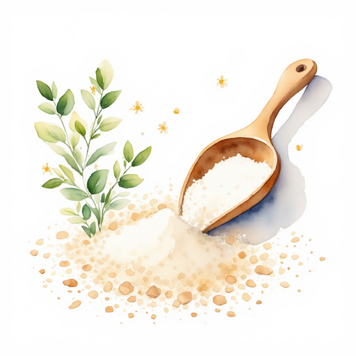 A long wooden spoon rests beside little specks of flour. In the background are little blossoms on green vines.