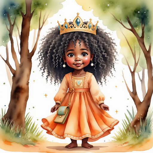 Queen Neena stands among tall, twisting trunks, wearing a shimmering crown. In the background, ancient oak trees with sparkling leaves.