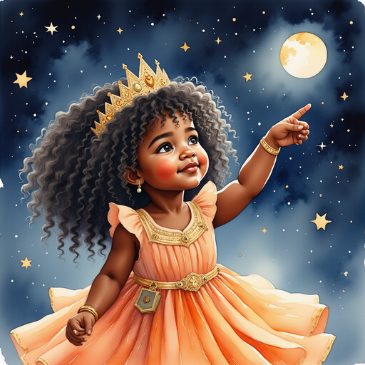 Queen Neena points up at a very bright star overhead. In the background, the wide night sky.