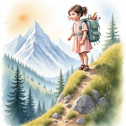 Sofia climbing a mountain, with a backpack full of supplies.