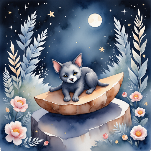 A small toy bat resting on a glittering stone. In the background, tall flowers and silver leaves wave in the moonlight.