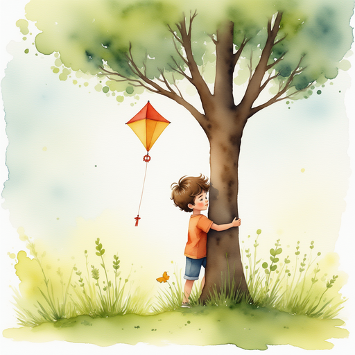Diego hiding the broken kite behind a tree.
