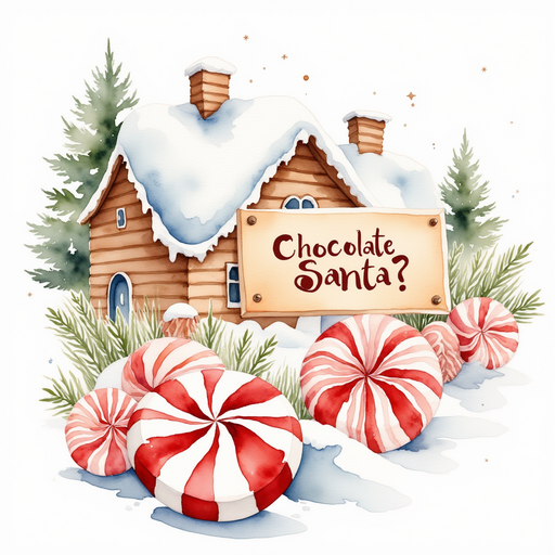 Show a peppermint sign with the words 'Chocolate Santa?' In the background, there are small candy houses.