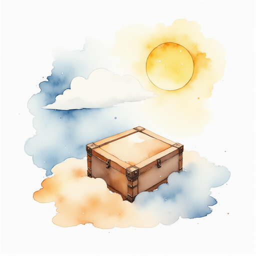 A small wooden puzzle box rests on a cloud. In the background, bright sunlight shines.
