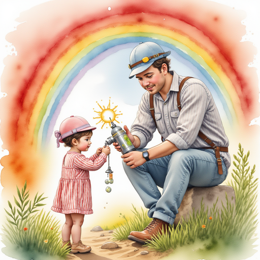 Sofia and the engineer pouring the 'rainbow fuel' into the Rainbow Rocket.