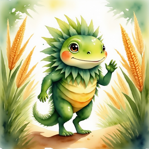 Blossom Sprout happily walks through tall, gold corn plants, waving at a goat. In the background, endless cornfields reach toward the horizon.