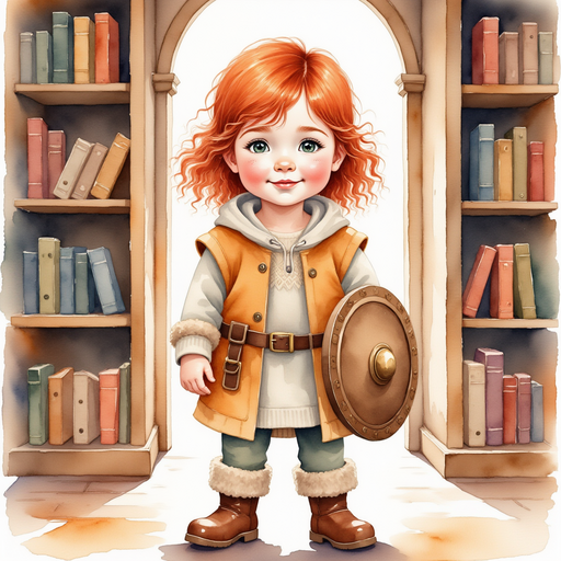 Bolda the Bright stands in front of a tall bookshelf with a big grin. In the background, the soft glow of sunlight filters through a round window.