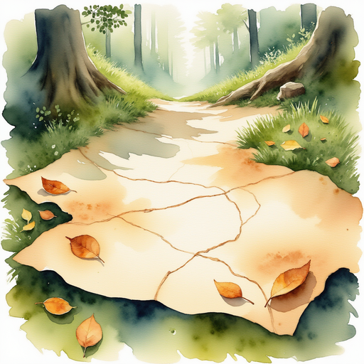 A worn map spread on the ground, showing faint lines and runes. In the background, leaf-strewn moss covers the forest floor.