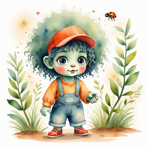 Zigzag Zander carefully trying to move vines, while the ladybug hovers nearby. In the background, flickers of sunlight peeking through leaves.