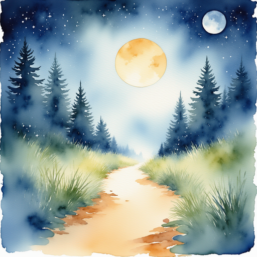 A gleaming pathway that sparkles softly. In the background, faint moonbeams across the path