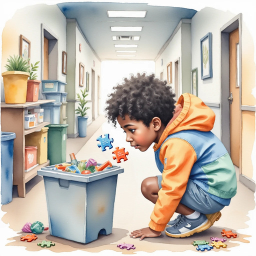 AriYah crouches by a large recycling bin, selecting bright, mismatched objects. In the background, a long, well-lit hallway stretches behind him.
