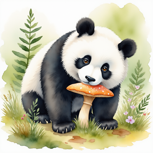 Pongo, a curious little panda, studying a large, colorful mushroom. dense green forest