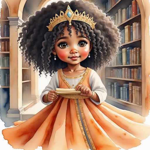 Queen Neena holds a rolled map of the Misty Mountains with gentle concern. In the background, a wooden bookshelf stands filled with worn books.