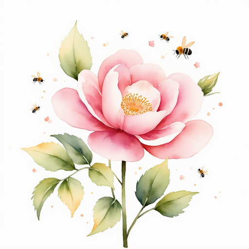 A large pink bloom with wide, open petals. In the background, tiny bees buzz gently.