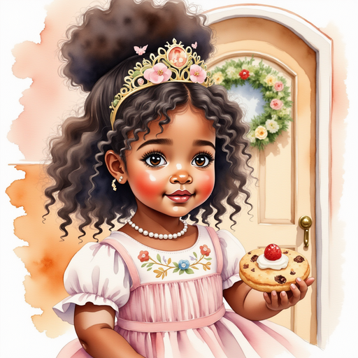 Show Princess Zoombella - who is black - is holding a cookie from the neighbor. In the background, a simple wooden door with a wreath