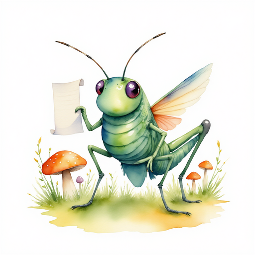 Buzzywhirl holds a small paper list. In the background is a patch of mushrooms.