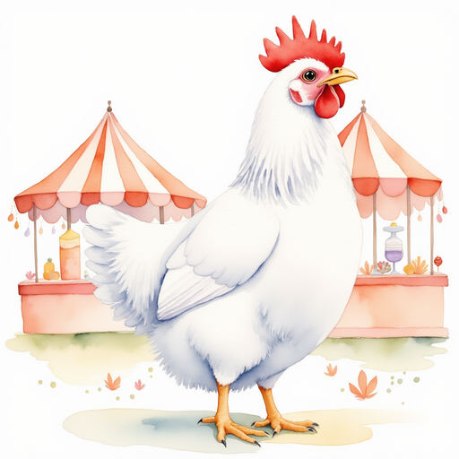 Cluckster bobs his head while singing a silly melody. In the background, a line of booths offers sweet treats.