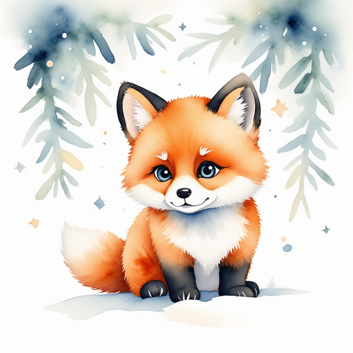 Show the little fox pup with big, scared eyes. Snow-laden branches overhead