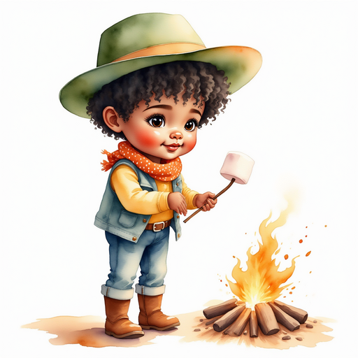 Cactus Cody carefully roasts a marshmallow. In the background, the dancing flames glow bright.