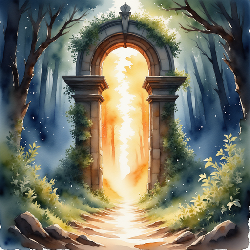 A tall, shimmering portal stands flickering with bright swirls of light. In the background, fallen branches and swirling leaves