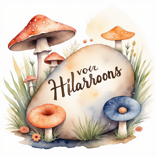 A polished stone inscribed with aged, decorative text. In the background large mushrooms form a ring of soft color