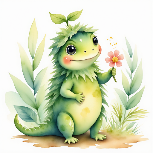 Blossom Sprout wears a tiny leaf hat and waters a little flower. In the background, wavy trees dance in the breeze.
